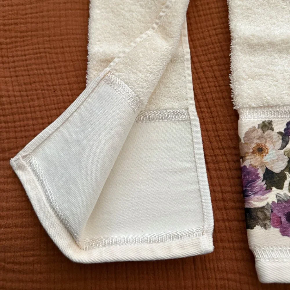 Ivory, Purple, and Green Floral Bathroom Hand Towels
